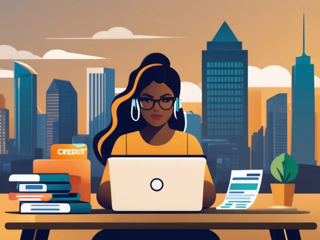 Freelancer construyendo historial de crédito Freelancer construyendo historial crediticio rodeado de elementos financieros
