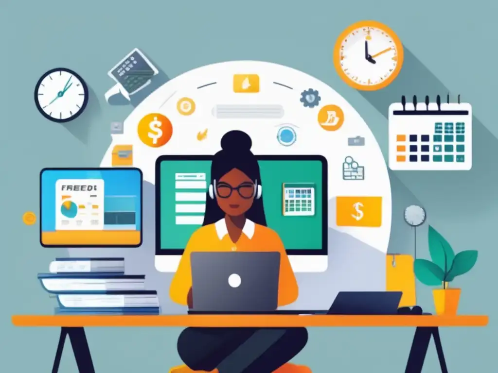 Freelancer organizado con herramientas financieras Ilustración 8k minimalista de un freelancer en su escritorio con herramientas digitales para la gestión financiera de freelancers en Latinoamérica