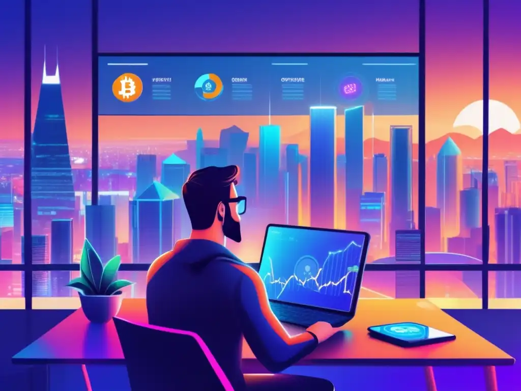 Freelancer en estación de trabajo moderna Ventajas de criptomonedas para freelancers en ciudad futurista