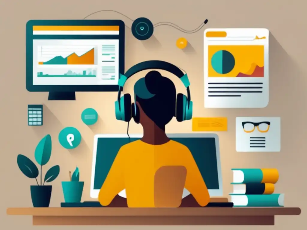 Freelancer financiero en acción Cursos de finanzas para freelancers: ilustración minimalista de un freelancer enfocado en su laptop, rodeado de elementos financieros