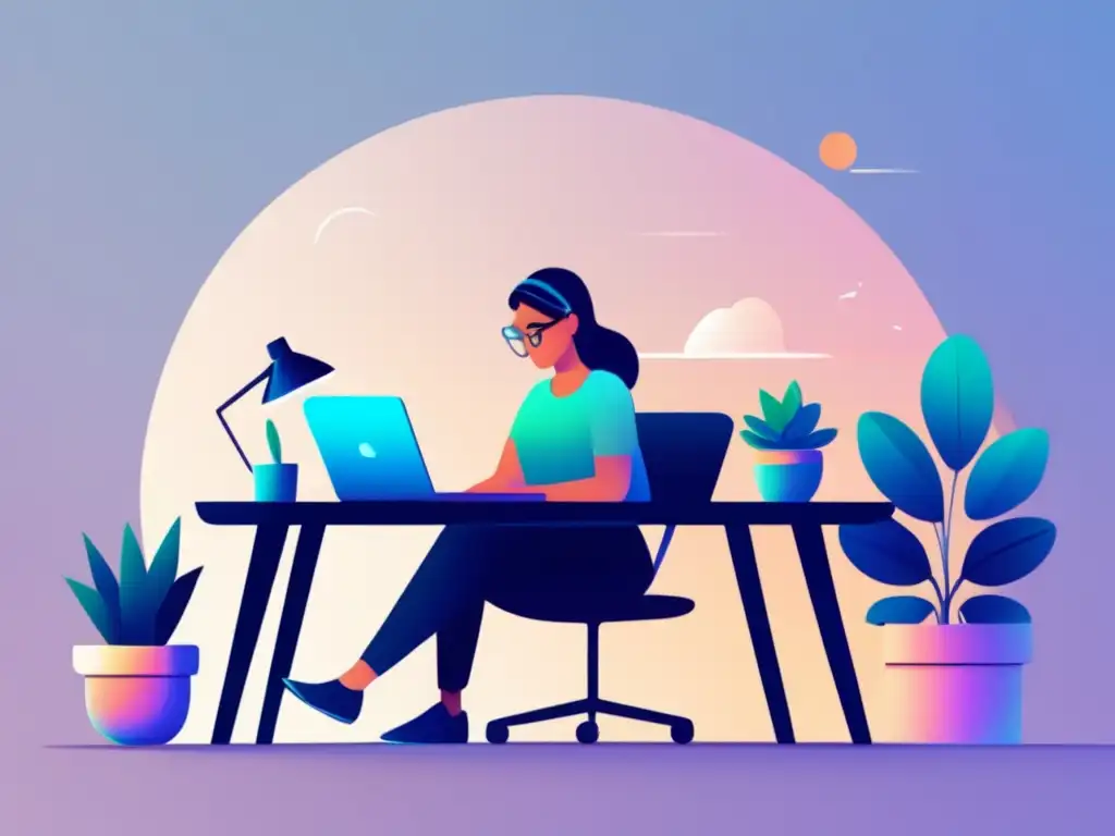 Freelancer en escritorio minimalista Ilustración minimalista de un freelancer trabajando en un escritorio con laptop, planta y fondo pastel