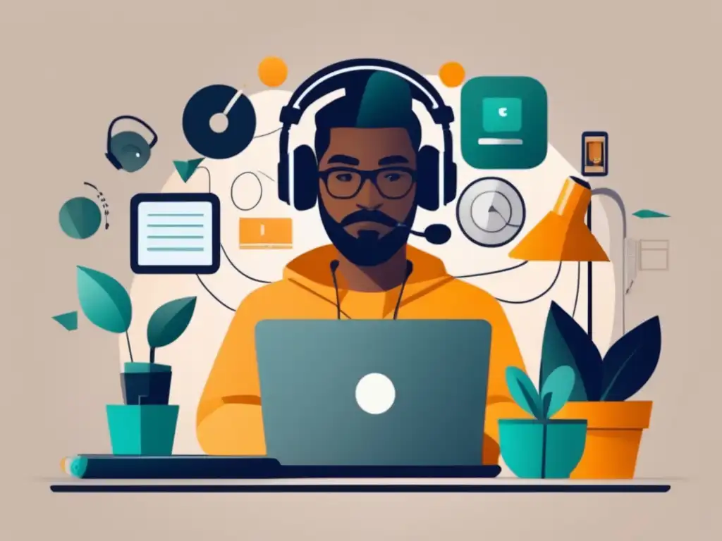 Freelancer inmerso en su trabajo Un freelancer inmerso en su trabajo, rodeado de dispositivos y herramientas, representa la adaptabilidad y versatilidad en generar ingresos