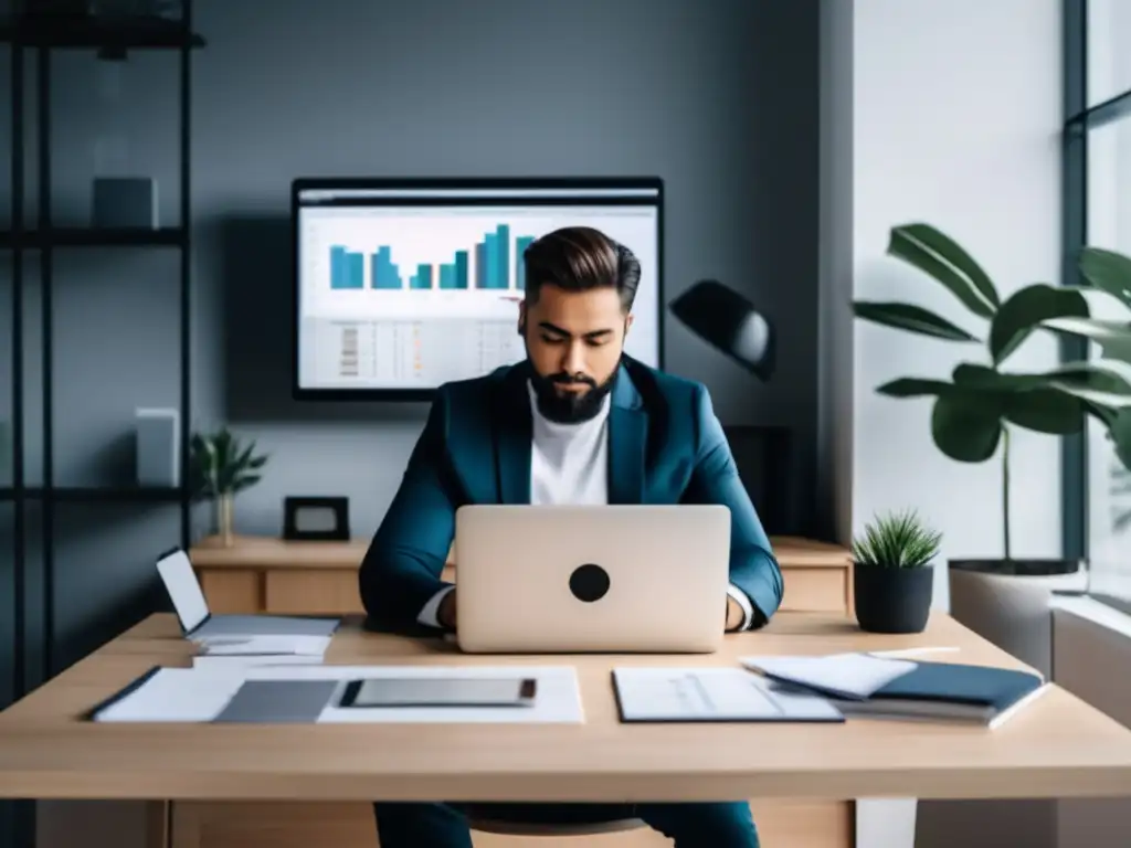 Freelancer trabajando en un escritorio minimalista Freelancer en oficina minimalista con enfoque en finanzas personales para freelancers