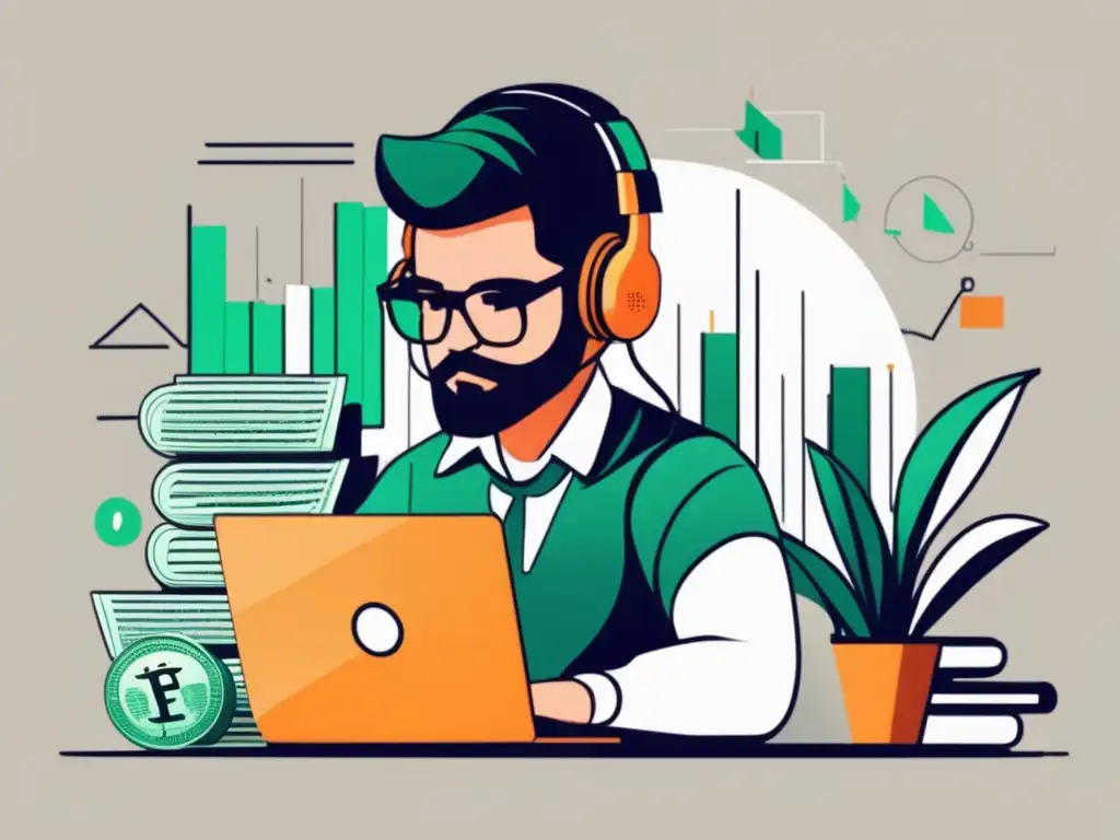 Freelancer financiero con determinación Freelancer en escritorio, rodeado de dinero, gráficas y documentos