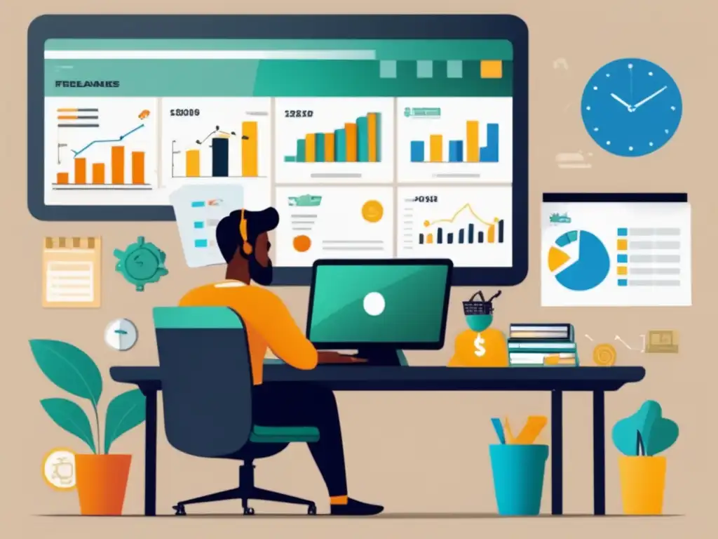 Freelancer evaluando situación financiera Imagen de metas financieras para freelancers en un escritorio moderno con laptop, elementos financieros y calendario