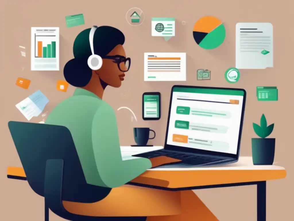 Freelancer organizado y profesional Freelancer en escritorio con elementos financieros, transmitiendo importancia de historial crediticio sólido y organización financiera