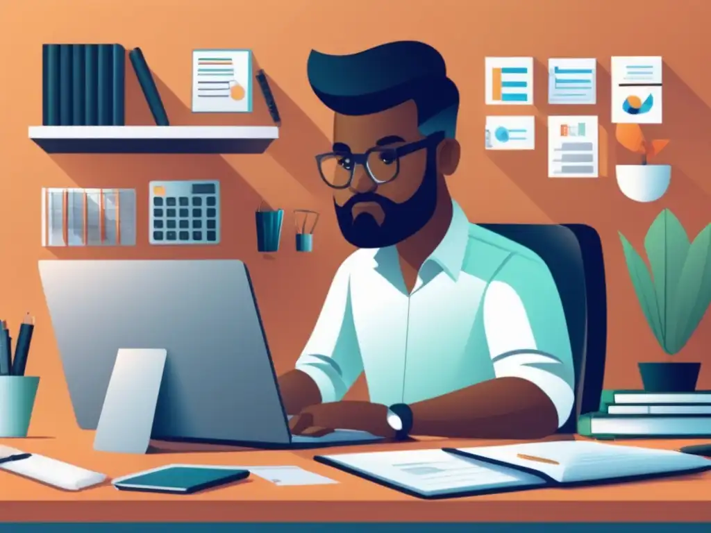 Freelancer enfocado en tareas contables Ilustración minimalista de un freelancer en un escritorio moderno rodeado de herramientas financieras