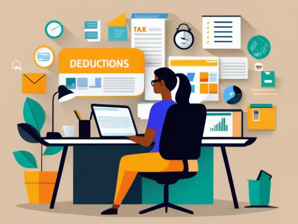 Freelancer con deducciones fiscales Imagen minimalista de un freelancer en su escritorio, rodeado de elementos representando las deducciones fiscales para freelancers