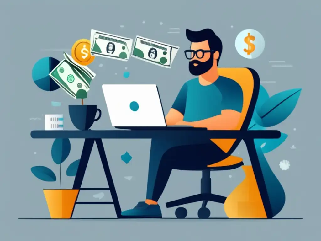 Beneficios de invertir dinero como freelancer Ilustración minimalista de un freelancer con laptop y dinero, rodeado de símbolos e gráficos de inversión