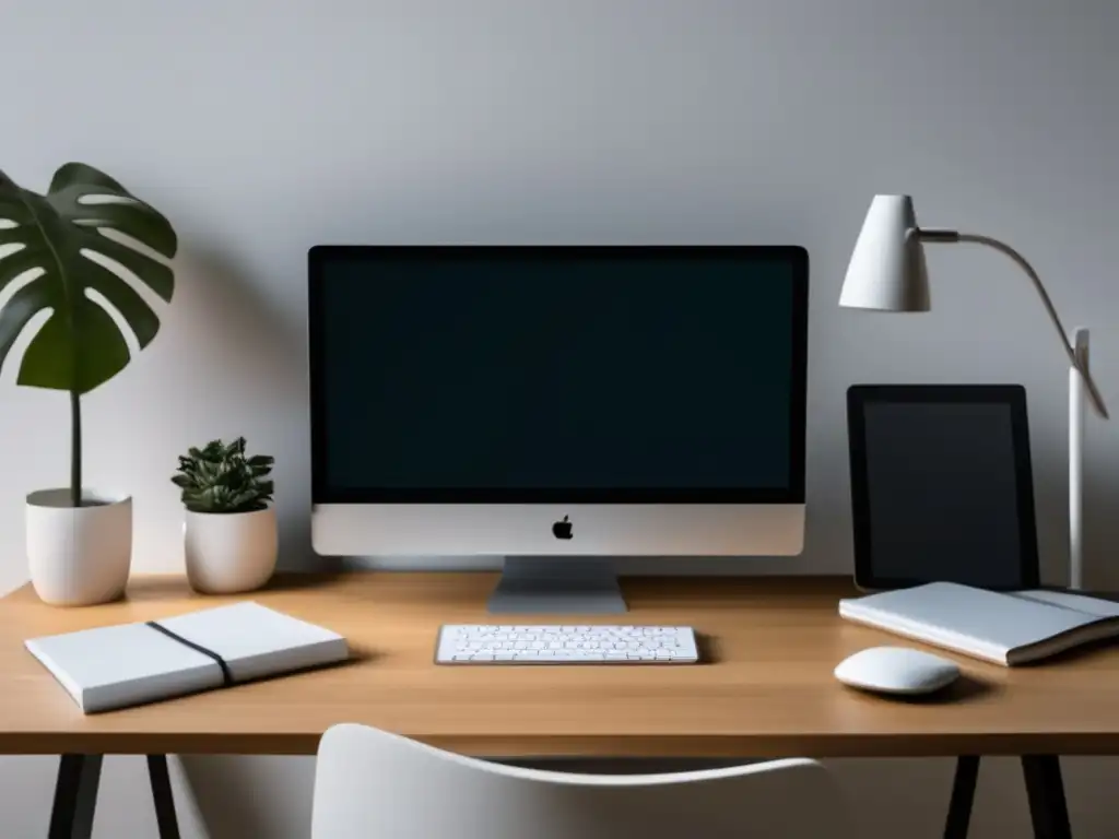 Espacio de trabajo limpio y organizado para freelancer Un entorno de trabajo minimalista y organizado para freelancers, con una gráfica de aumento de score crediticio y datos financieros