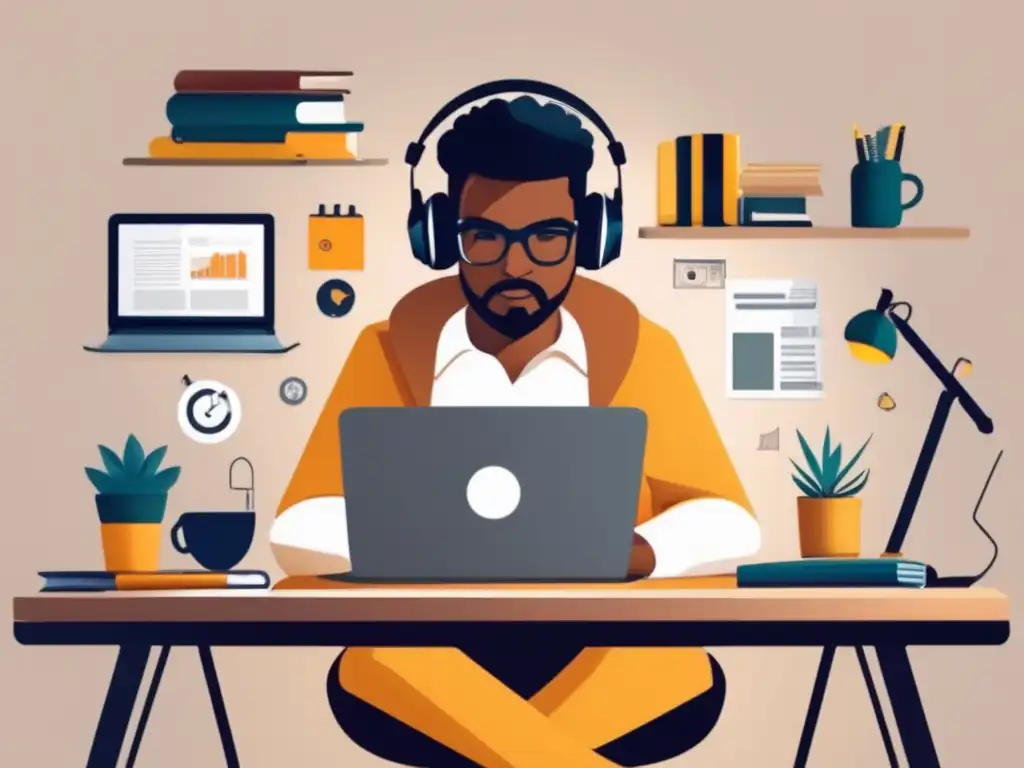 Freelancer eficiente y productivo Freelancer en escritorio ordenado, con herramientas y dispositivos