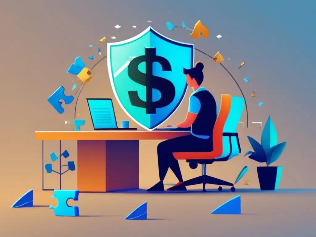 Freelancer seguro y empoderado Ilustración minimalista: Freelancer firmando contrato freelance con seguridad financiera y oportunidades en la ciudad