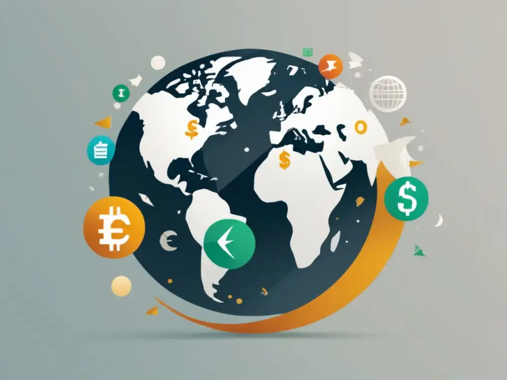 Pagos internacionales en diferentes monedas Globo minimalista con símbolos de monedas flotando