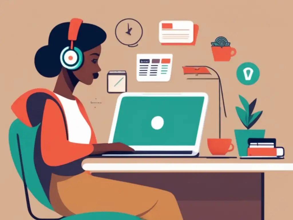 Freelancer enfocado en finanzas Ilustración minimalista de un freelancer concentrado en su escritorio con elementos financieros, transmitiendo profesionalismo, organización y éxito