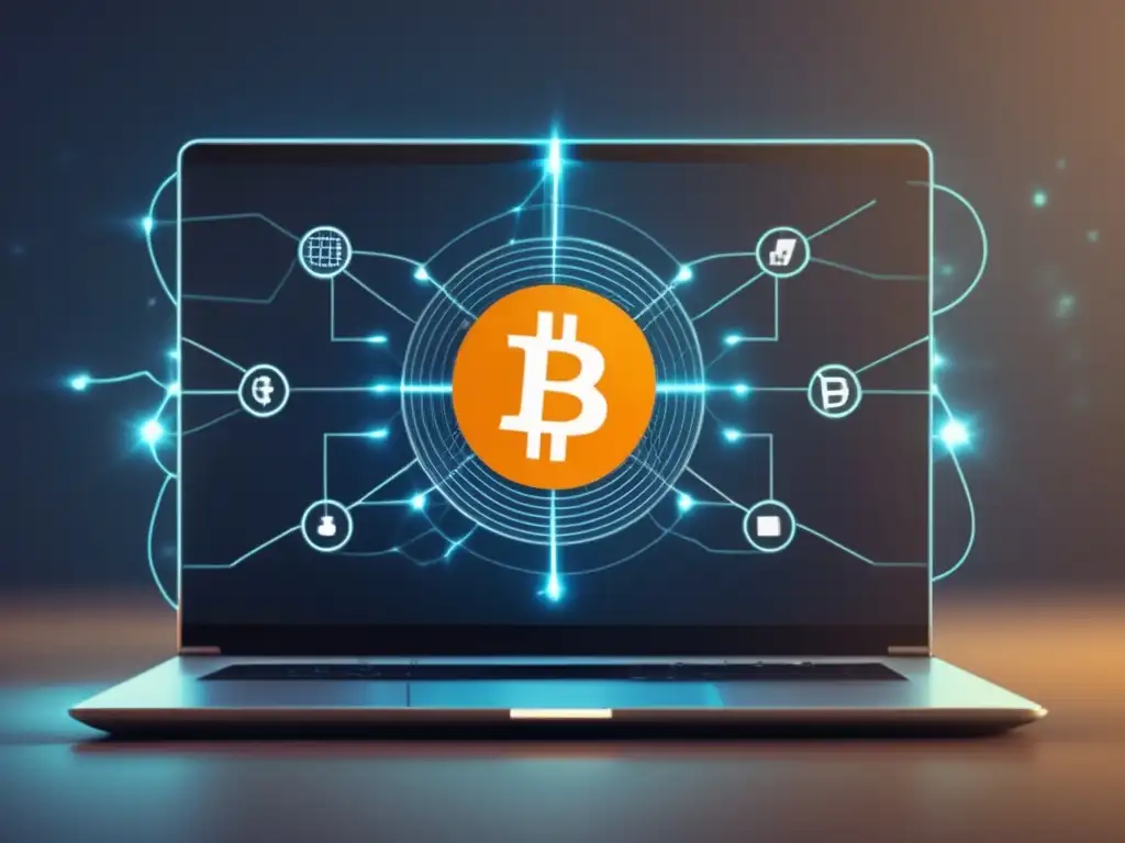 Pago rápido y seguro con Bitcoin Pagos en Bitcoin para freelancers: pantalla de laptop minimalista que muestra el símbolo de Bitcoin rodeado de nodos interconectados