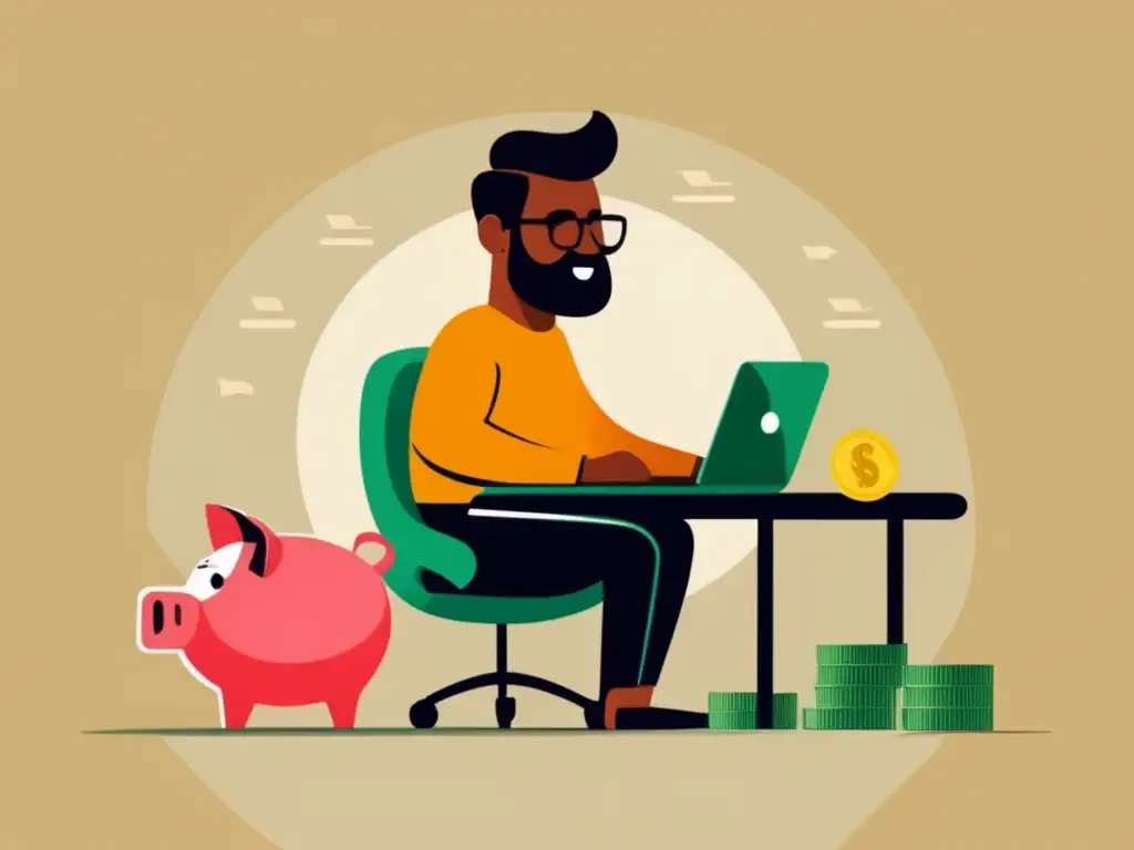 Freelancer seguro con ahorros Freelancer satisfecho rodeado de dinero y una alcancía, transmite seguridad financiera y planificación para freelancers