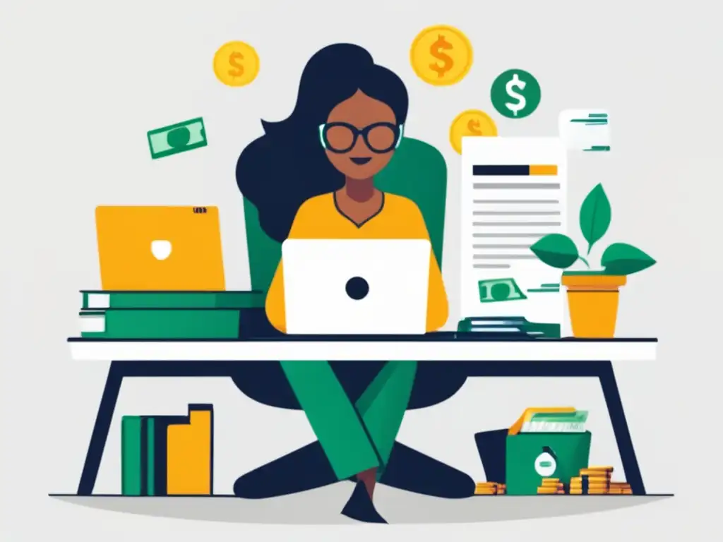 Ilustración de freelancer minimizando impuestos Ilustración minimalista de un freelancer en un escritorio rodeado de elementos simbólicos de impuestos y deducciones