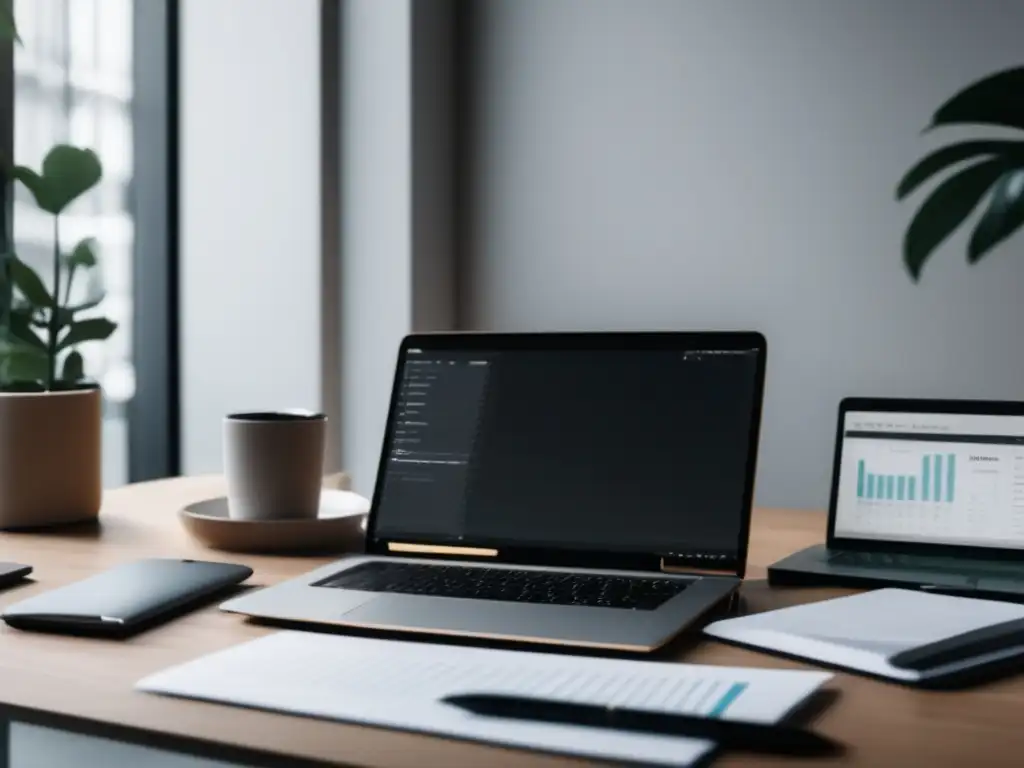 Espacio de trabajo minimalista con laptop y escritorio elegante Imagen de oficina minimalista con escritorio, portátil y elementos organizados - Créditos para freelancers