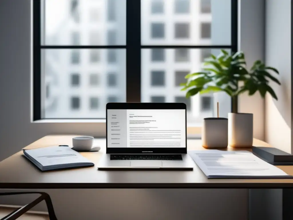 Espacio de trabajo ordenado y profesional Espacio de trabajo minimalista con escritorio blanco, laptop y documentos organizados, evitando errores en declaraciones de impuestos para freelancers