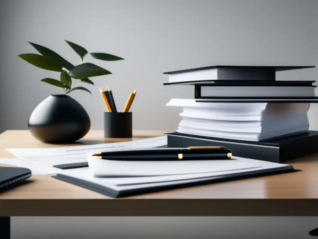 Escena minimalista de preparación de impuestos Escena minimalista de una elegante mesa de mármol negro con documentos organizados, lista para preparar declaraciones de impuestos para freelancers