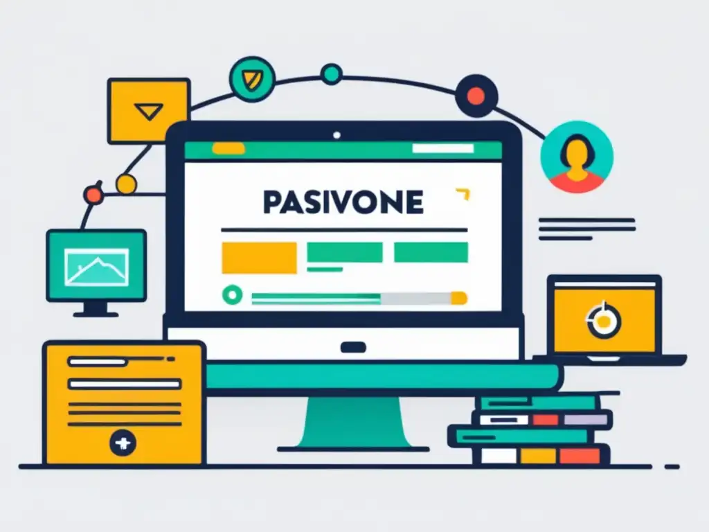 Ingresos pasivos: laptop con iconos Ingresos pasivos para freelancers: laptop con iconos coloridos representando fuentes de ingresos como inversiones, propiedades, ecommerce y regalías