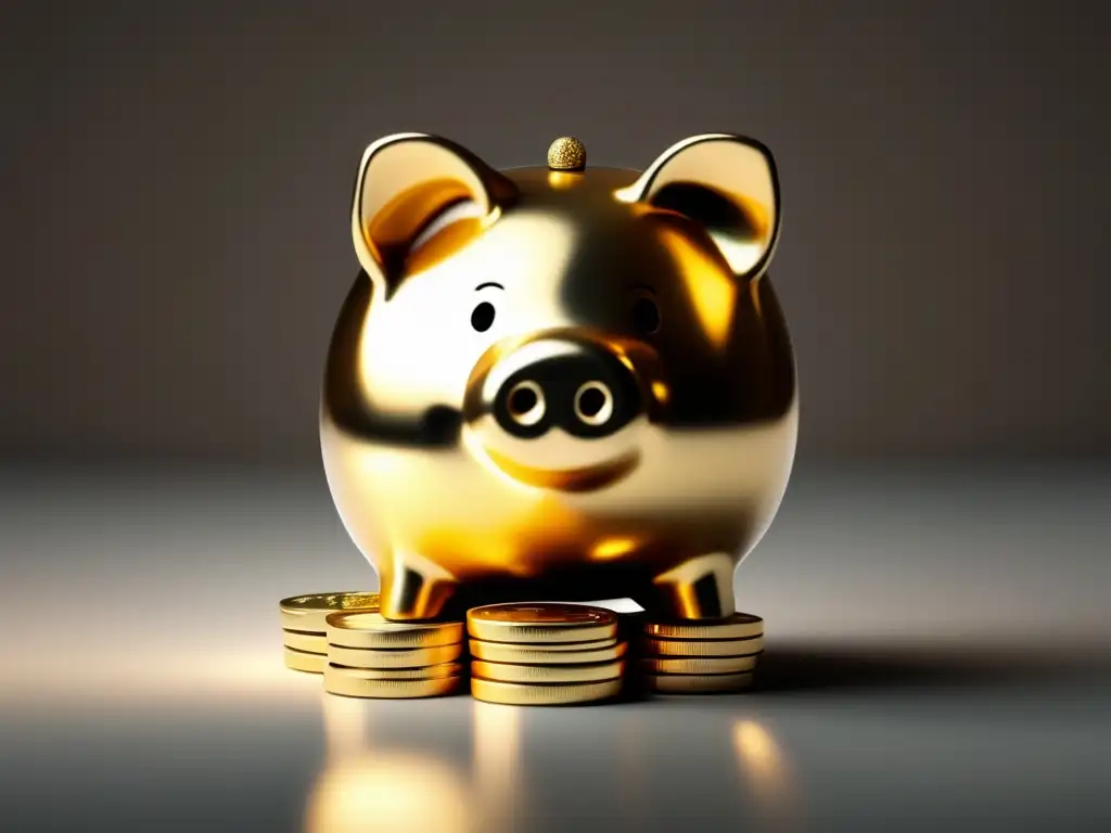 Piggy bank de cristal con monedas doradas apiladas Ahorro para freelancers: imagen 8k con estilo minimalista de una alcancía de vidrio llena de monedas doradas brillantes