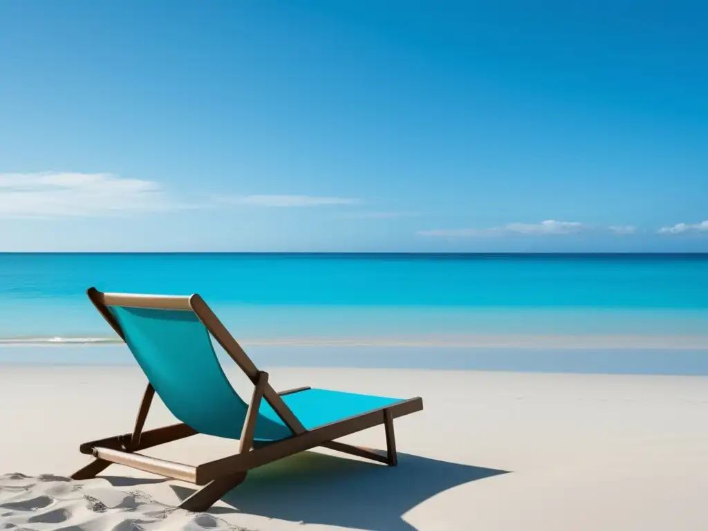 Playa serena y tranquila con aguas turquesa Playa serena con aguas turquesa, arena blanca, silla de playa y cielo azul - jubilación financiera segura freelancers
