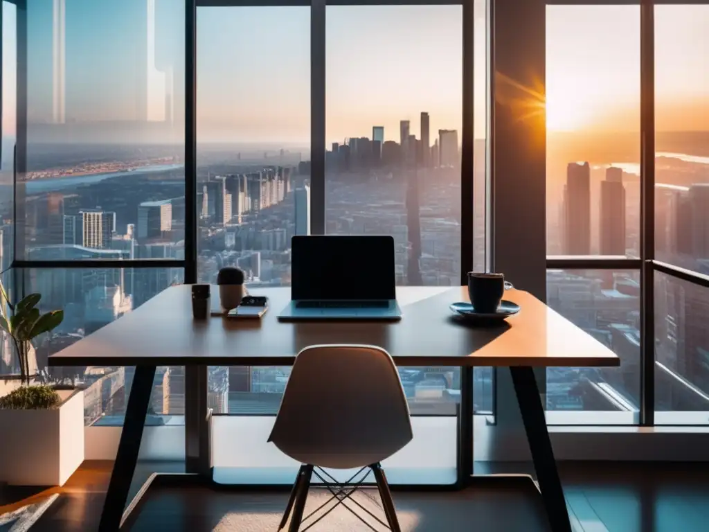 Espacio de trabajo moderno con vista panorámica de la ciudad Espacio de trabajo moderno con vista panorámica de la ciudad - Tarifas competitivas en el mundo freelance