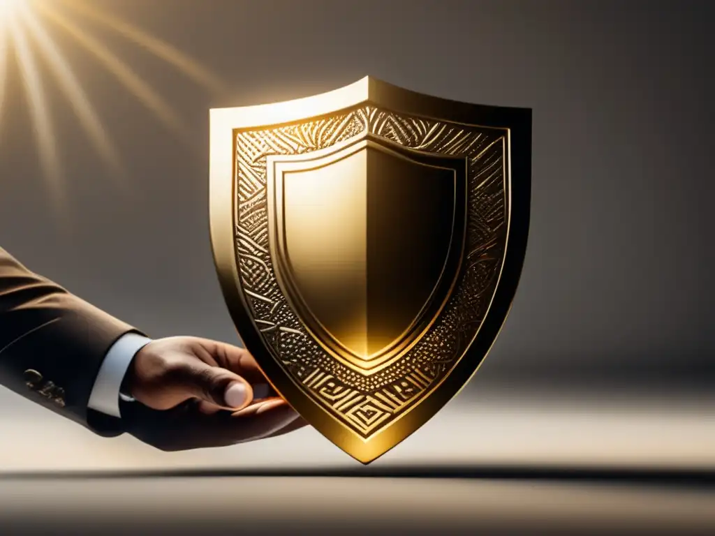 Protección financiera con escudo de oro y mano Proteger finanzas freelancer con un escudo de oro, símbolo de protección financiera, estabilidad y seguridad