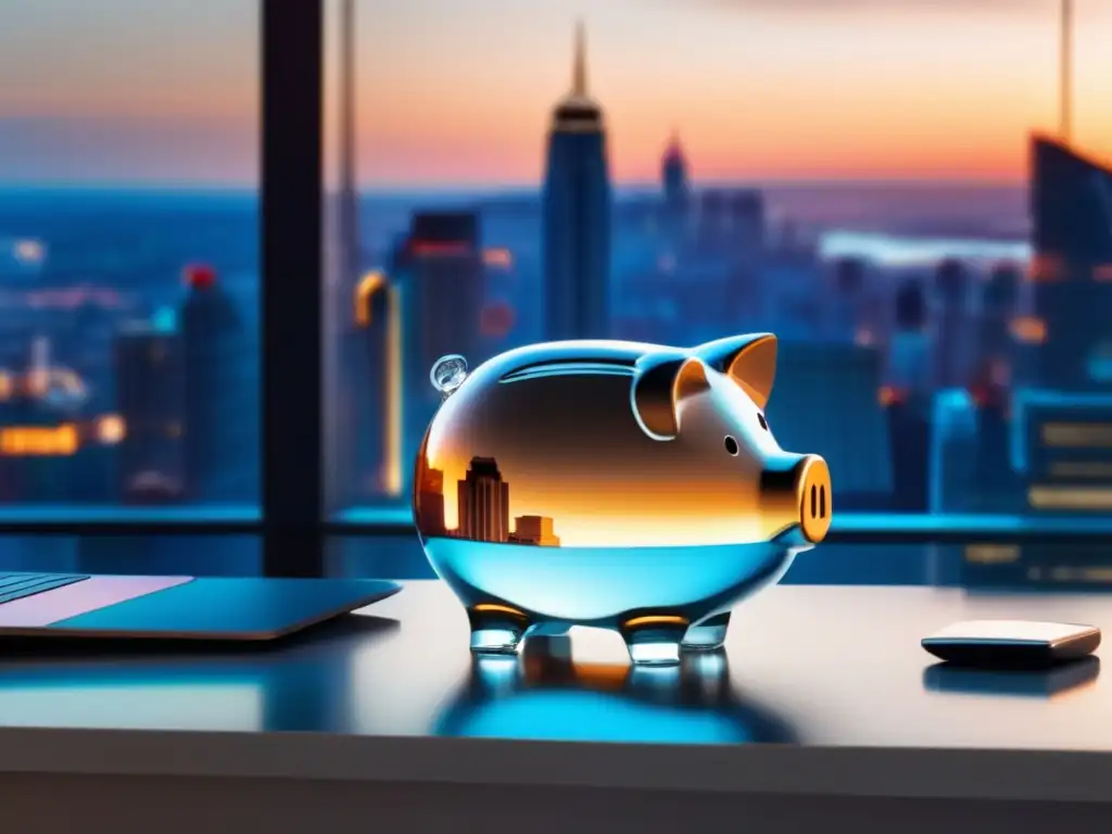 Ahorro y automatización de fondos Piggy bank de vidrio con dinero y laptop en un escritorio moderno - estrategias de inversión para freelancers