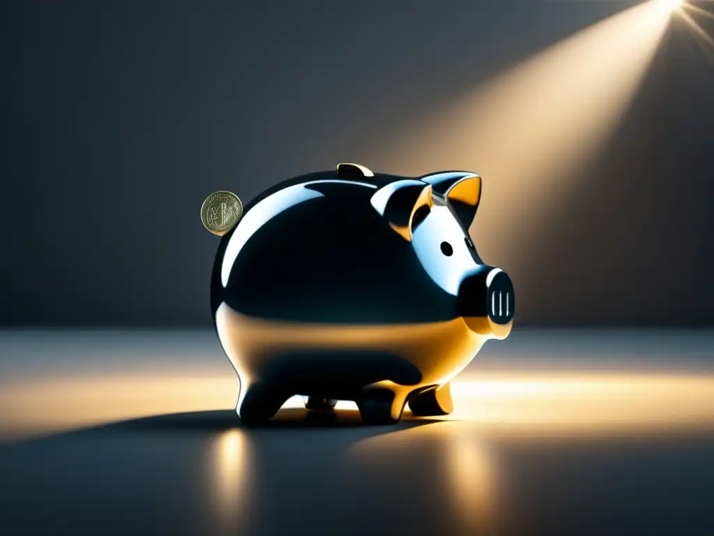 Ahorro y seguridad financiera Piggy bank de vidrio en superficie de mármol oscuro, con luz destacando importancia de gestión de riesgos financieros para freelancers