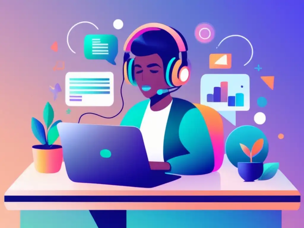 Persona en escritorio con elementos representativos Persona en escritorio con elementos representando nichos, blog y podcast, monetizando como freelancer