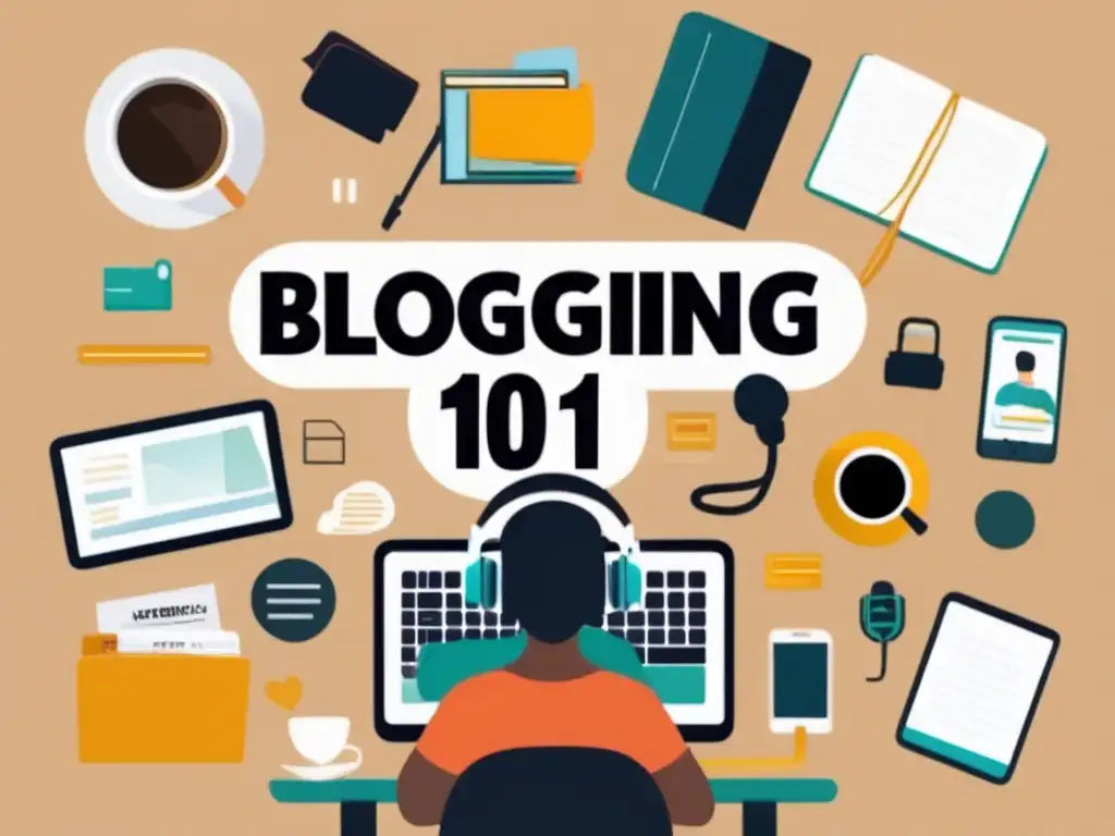 Inicio de blog o podcast minimalista Persona en escritorio con objetos relacionados a blogging y podcasting, iniciando blog o podcast como freelancer