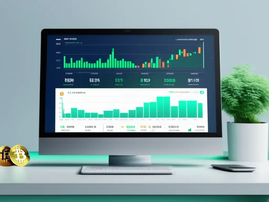 Interfaz de trading de criptomonedas moderna y minimalista Laptop muestra interfaz trading criptomonedas, incorporando criptomonedas en planificación financiera para freelancers