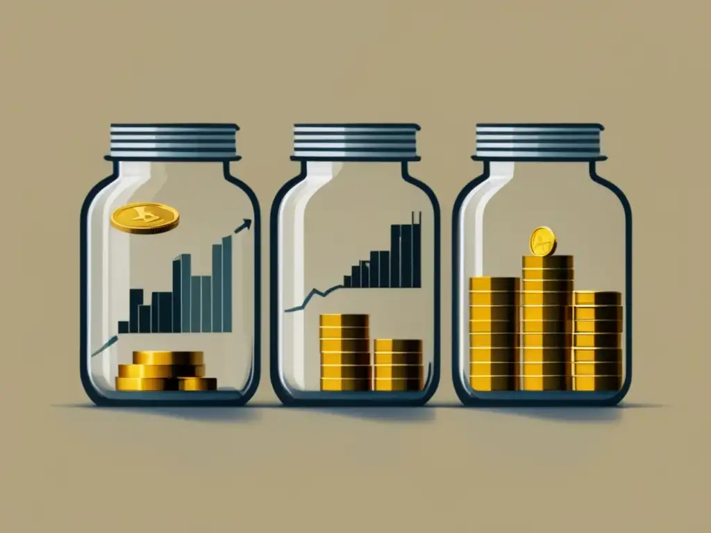 Opciones de inversión en frascos Opciones de inversión para freelancers: Jarras transparentes representando riesgos, con monedas de oro, acciones y bitcoin