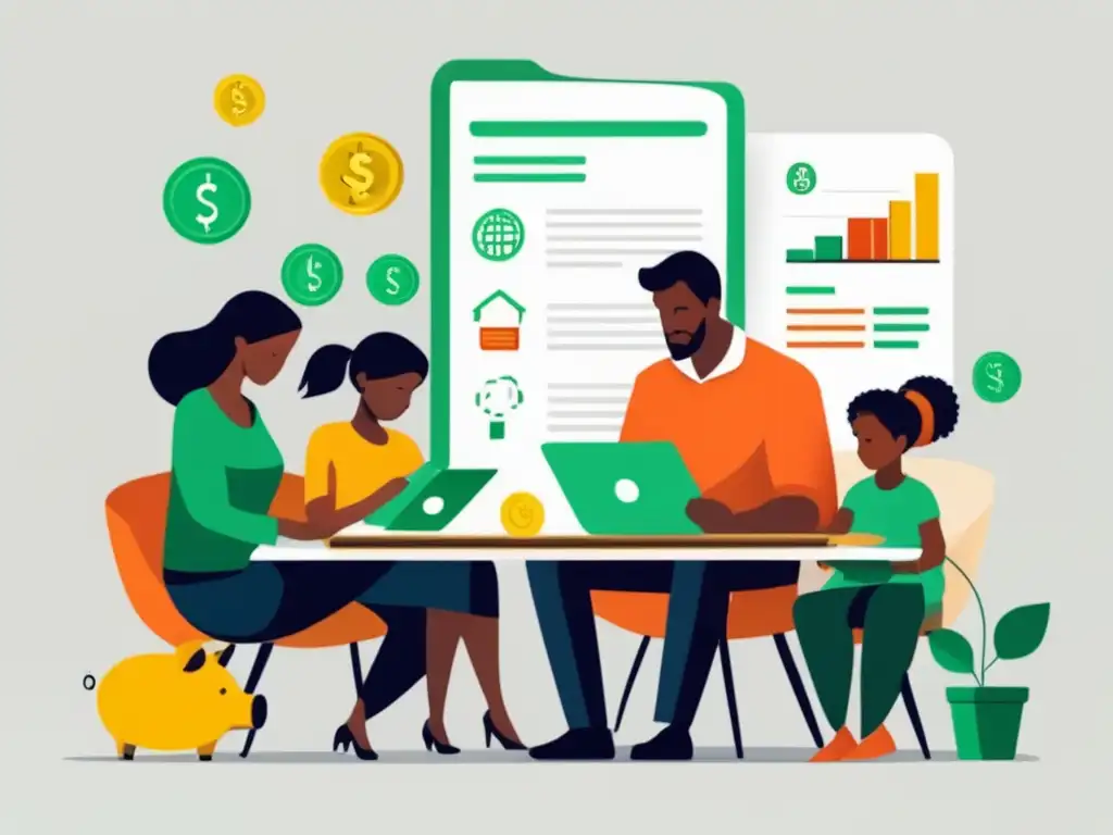 Familia organizada en finanzas Ilustración minimalista de una familia manejando estrategias financieras para freelancers que desean formar una familia