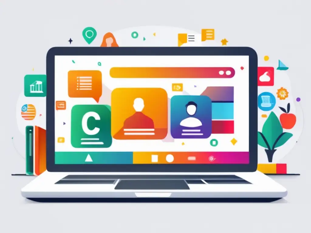 Laptop con cursos y tutoriales online Laptop con iconos coloridos de cursos y tutoriales online, diversifica ingresos y aprende