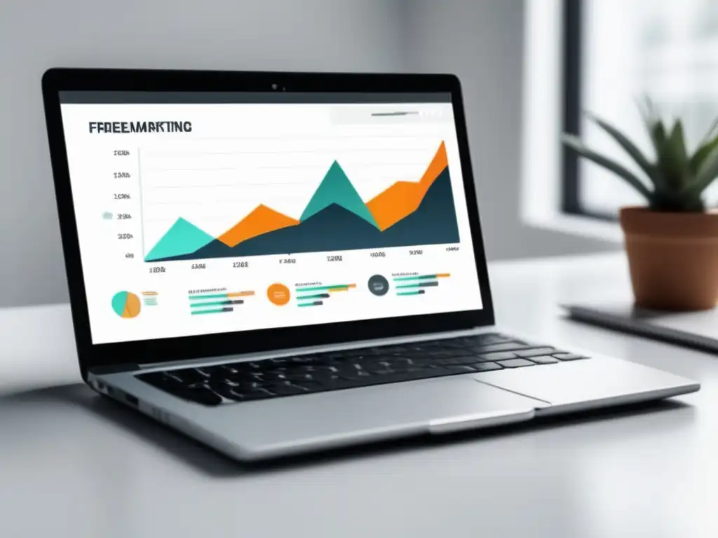 Oportunidad de negocio en marketing de afiliados Escritorio blanco con laptop, gráfico de crecimiento y elementos esenciales