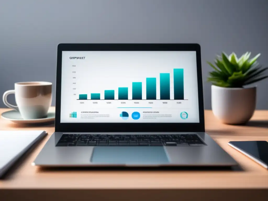 Espacio de trabajo moderno y minimalista Escritorio minimalista con laptop, gráfica de éxito financiero, organización y taza de café - Libertad financiera para freelancers