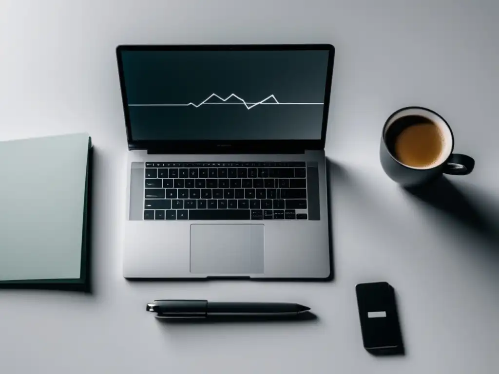 Escritorio minimalista con laptop y herramientas de trabajo Laptop en un escritorio minimalista con gráfica de inversión y herramientas de trabajo