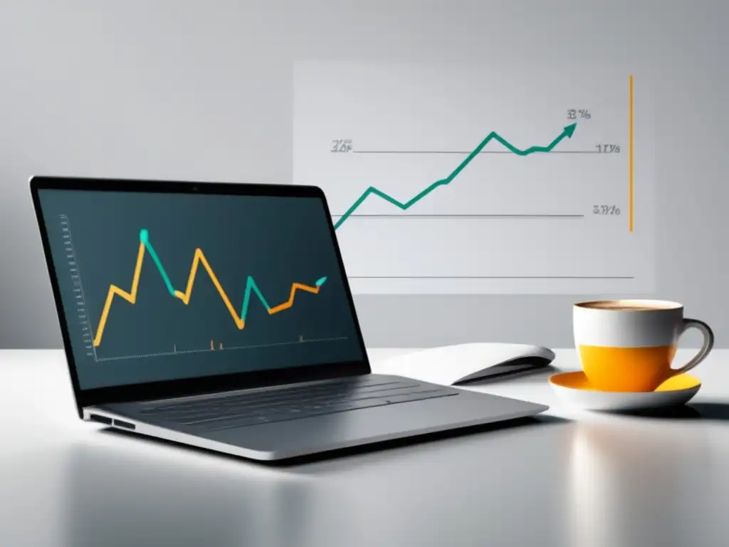 Laptop con gráfico de ingresos y herramientas Laptop en escritorio blanco: generar ingresos constantes como freelancer vendiendo cursos y tutoriales online