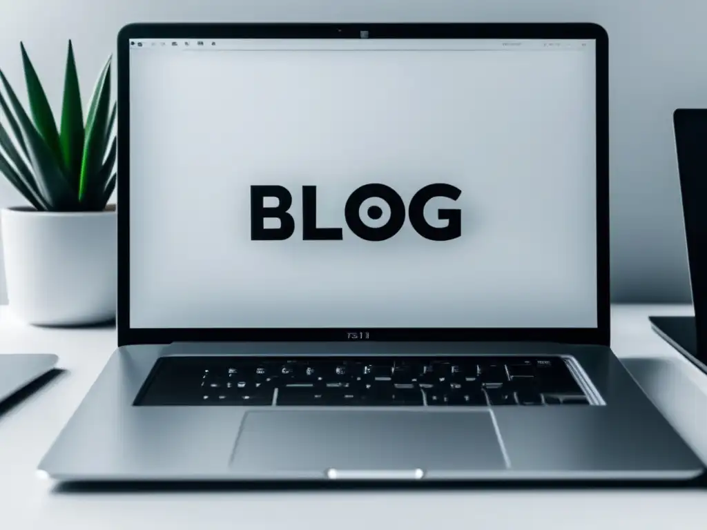 Laptop minimalista en escritorio blanco Laptop minimalista en escritorio blanco con logo elegante representando blog y podcast, rodeado de elementos esenciales para freelancer