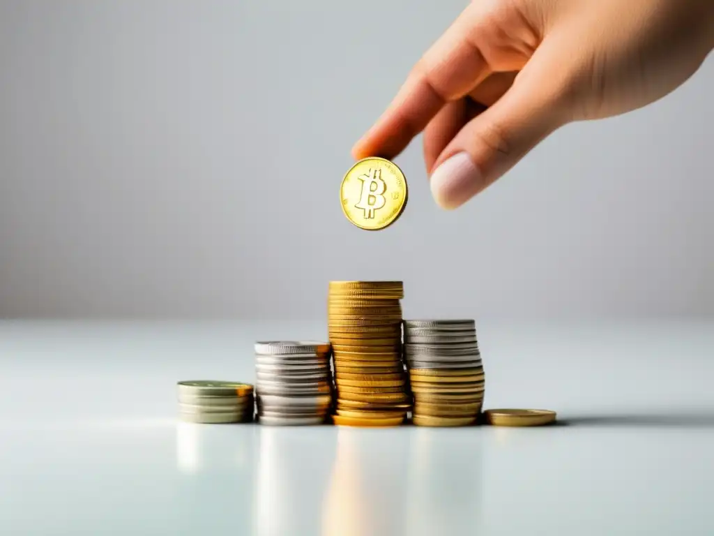 Control financiero con monedas coloridas Gestión financiera para freelancers con mano sosteniendo monedas