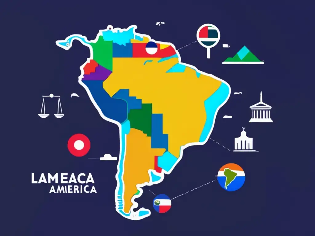 Mapa de América Latina con iconos de impuestos Mapa minimalista de América Latina con países en colores vibrantes
