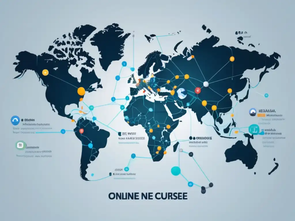 Mapa global de ventas de cursos en línea Mapa global con nodos interconectados que representan venta de cursos en línea y diversificar ingresos de freelancers