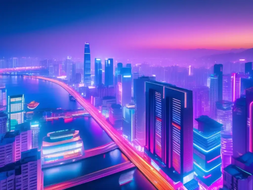 Ciudad asiática iluminada por luces de neón Oportunidades y gestión financiera en el mercado asiático para freelancers