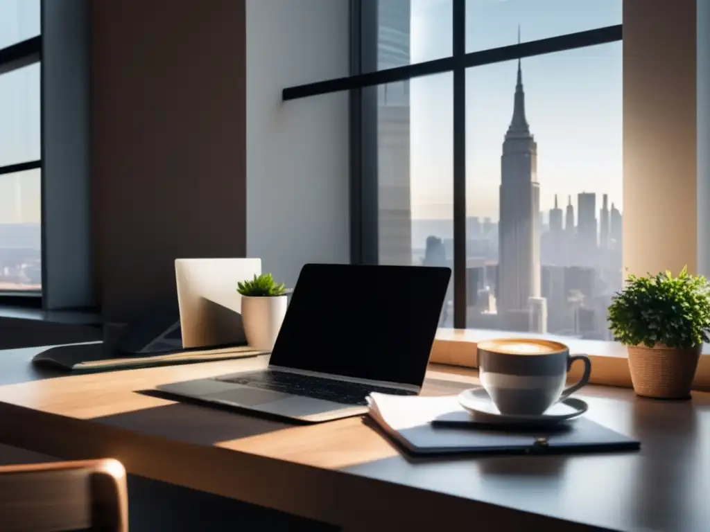 Espacio de trabajo minimalista con vista a la ciudad Espacio de trabajo minimalista con vista a la ciudad, laptop, café y beneficios financieros para freelancers