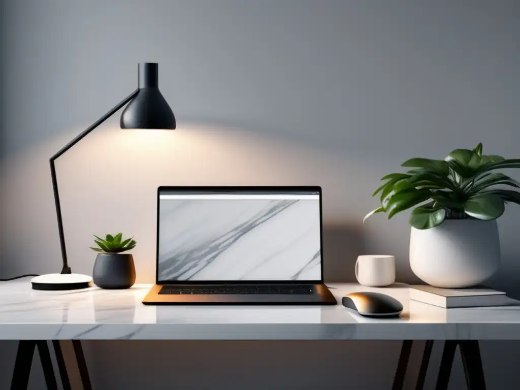 Espacio de trabajo minimalista para freelancer Espacio de trabajo minimalista para freelancers: escritorio de mármol blanco, laptop, planta y arte abstracto