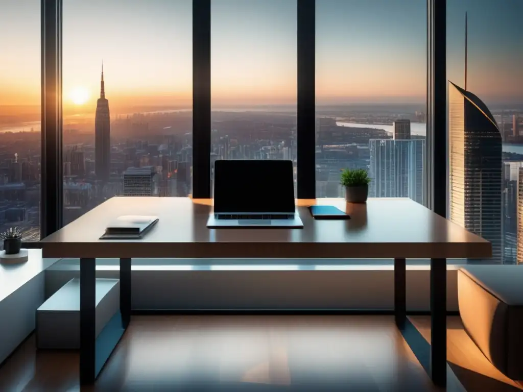 Oficina minimalista con escritorio de madera y vista a la ciudad Oficina minimalista con vista a ciudad: estrategias financieras freelancers en mercado estadounidense