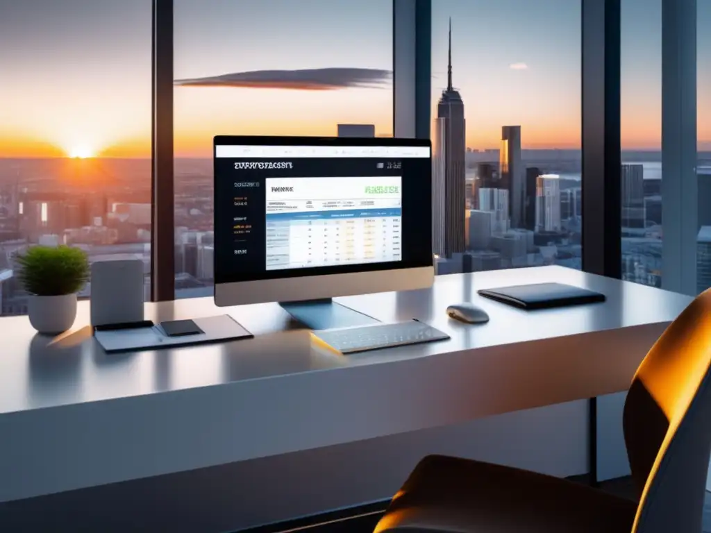 Espacio de trabajo minimalista con vista a la ciudad al atardecer Espacio de trabajo minimalista con vista a la ciudad al atardecer, escritorio blanco con laptop y registros financieros meticulosos